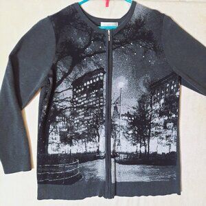 Christopher & Banks Cityscape Night Sky Rhinestones Cotton Sweater Cardigan EUC